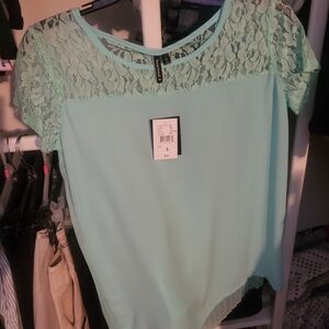 HeartSoul Light Aqua, Asymmetrical Lace Blouse Short Sleeve